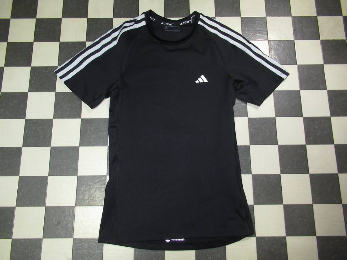 ★adidas/アディダス★美品 M テックフィット スリーストライプス 半袖Tシャツ ブラックAEROREADY拍卖