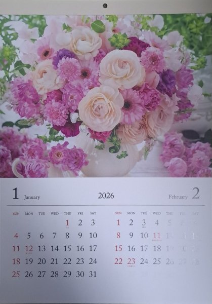 【すぐに発送 大判:大きな 綺麗な 「花」の カレンダー B3:52x36cm 2026年】★大きい フラワー カレンダー★壁掛け 12か月/6面拍卖