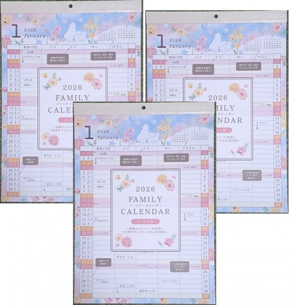 【送料無料:3冊:ファミリー:カレンダー:A3:42x30cm】★「家族の予定が一目でわかる」:4~5人:家族用★2026年:令和8年:壁掛け:暦:No1D拍卖