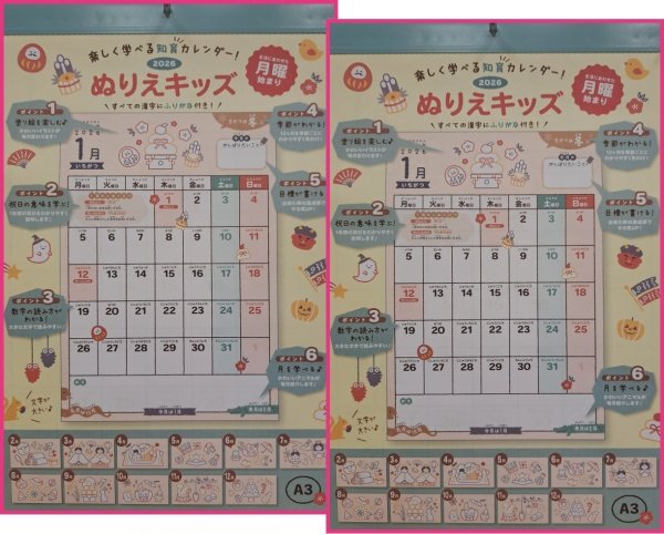【送料無料:2冊 ぬりえ カレンダー 2026年】★ A3:42x30cm 学校 月曜始まり 小学校 保育園 幼稚園 干支 十二支 未開封 キッズ拍卖