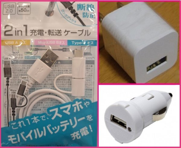 【送料無料:3点:2in1 USBケーブル+AC+DC】★50cm タイプB & タイプC★充電ケーブル:スマホ★白:充電器 携帯 アンドロイド拍卖