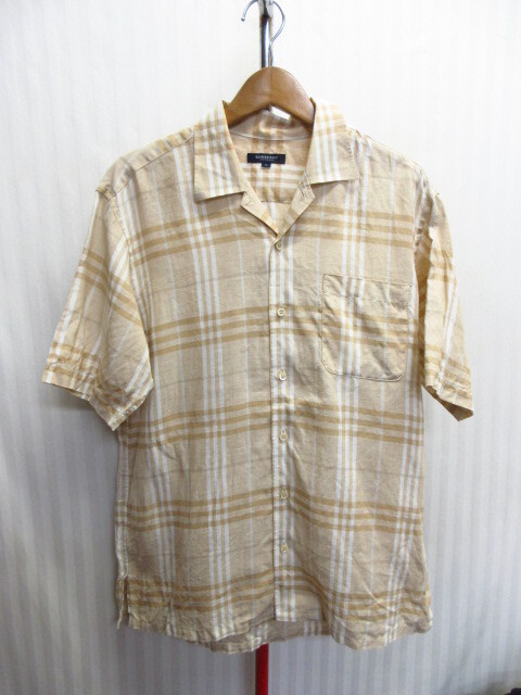 バーバリー BURBERRY LONDON リネンシャツ メンズL オープンカラーシャツ 開襟シャツ 麻シャツ ノバチェック柄シャツ 半袖シャツ07291拍卖