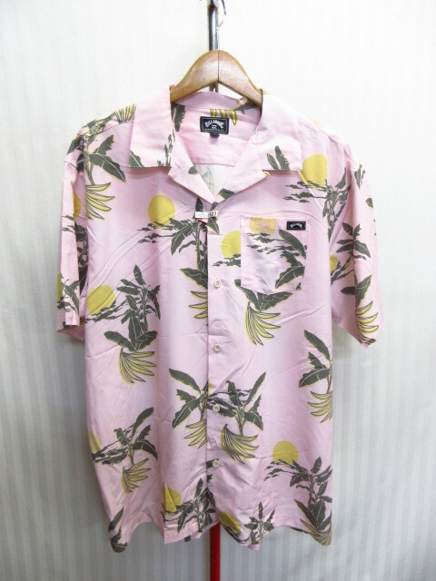 Billabong ビラボン オープンカラーシャツ メンズXL LL アロハシャツ バナナ柄ハワイアンシャツ 開襟シャツ ピンク系 半袖シャツ 07312拍卖