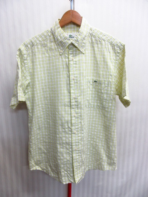 ラコステ 半袖ボタンダウンシャツ メンズ3 黄緑系チェック柄シャツ 襟付き半袖カットソー ロゴ付きシャツ ポケットシャツ 半袖シャツ08014拍卖