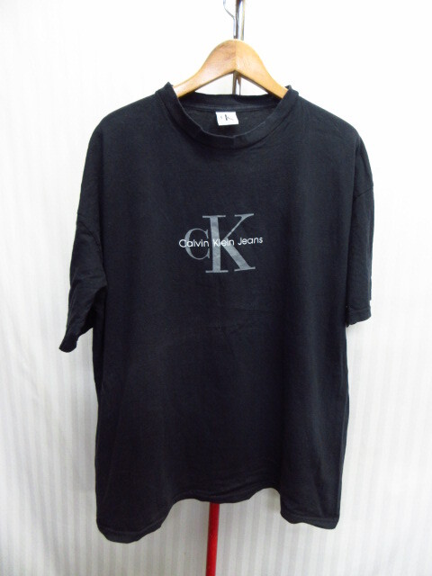 USA製 カルバンクライン 90sヴィンテージ Tシャツ メンズL/XL 黒 ビッグロゴTシャツ 半袖カットソー アメリカ製クルーネック 08011拍卖