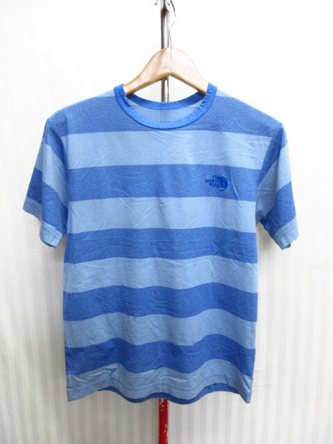 ノースフェイス ロゴ刺繍Tシャツ メンズS 青ボーダー柄Tシャツ アウトドアシャツ トレッキングシャツ 半袖カットソー トレイルウエア08052拍卖