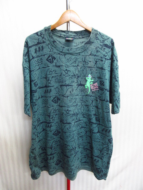 USA製 GECKO HAWAII ゲッコー 90sヴィンテージ Tシャツ メンズXL LL 総柄デザイン半袖カットソー アメリカ製シャツ 半袖シャツ08072拍卖