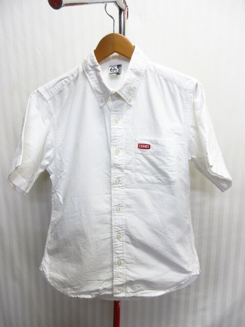 CHUMS チャムス 白シャツ メンズS オックスフォードシャツ 半袖ボタンダウンシャツ ボックスロゴ刺繍シャツ ポケット付きシャツ08082拍卖