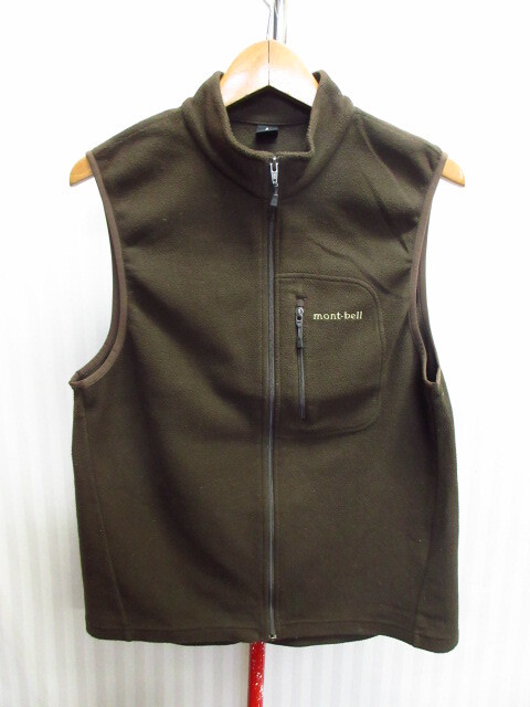 モンベル フリースベスト メンズM 茶系 ロゴ刺繍アウトドアベスト シャミースベスト 保温アウトドアジャケット トレイルウエア 08141拍卖