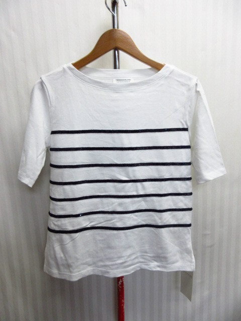 未使用 トゥモローランド カットソー SIZE S 白Tシャツ スパンコールデザインシャツ 白シャツ 日本製 ボーダー柄シャツ 07181拍卖