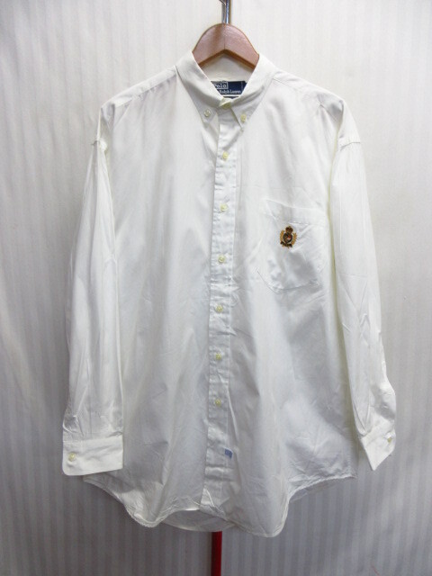 ラルフローレン 90sヴィンテージ 白シャツ メンズL ロゴ刺繍シャツ 長袖ボタンダウンシャツ ホワイトシャツ 襟付き長袖カットソー08191拍卖