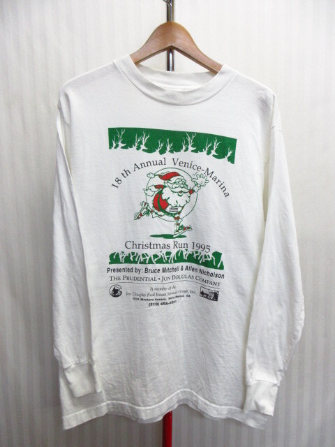USA製 Murina 90sヴィンテージ 長袖Tシャツ メンズUS M Lサイズ 白Tシャツ サンタクロース クリスマス柄カットソー ロンT 08201拍卖