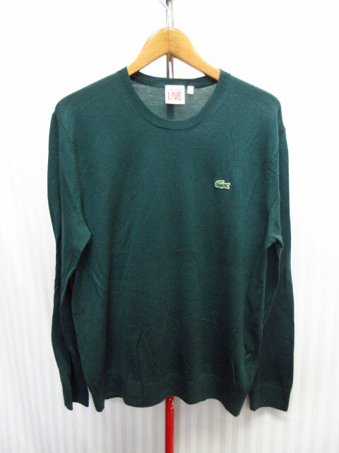ラコステ 長袖ニット メンズ5 グリーンウールセーター 羊毛 ロゴ付きニットセーター ウールニットカットソー クルーネック 08223拍卖
