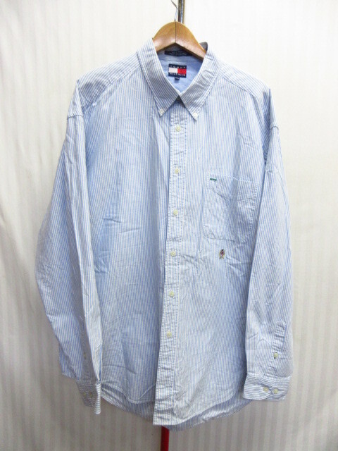 トミーヒルフィガー 90sヴィンテージ 長袖ボタンダウンシャツ メンズXL LL ロゴ刺繍ストライプ柄シャツ オックスフォードシャツ 08281拍卖