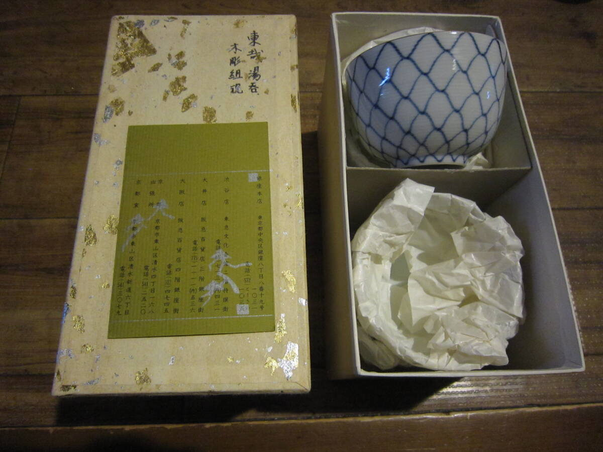 清水焼、東哉、網目文、染付、茶器、5客、茶道具拍卖