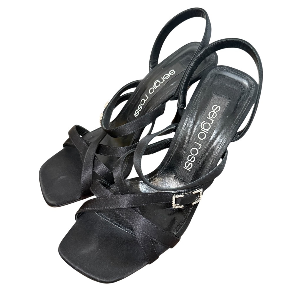 美品 Sergio Rossi セルジオロッシ スクエアトゥ ハイヒール サテンストラップ サンダル 36 23cm相当 ブラック拍卖
