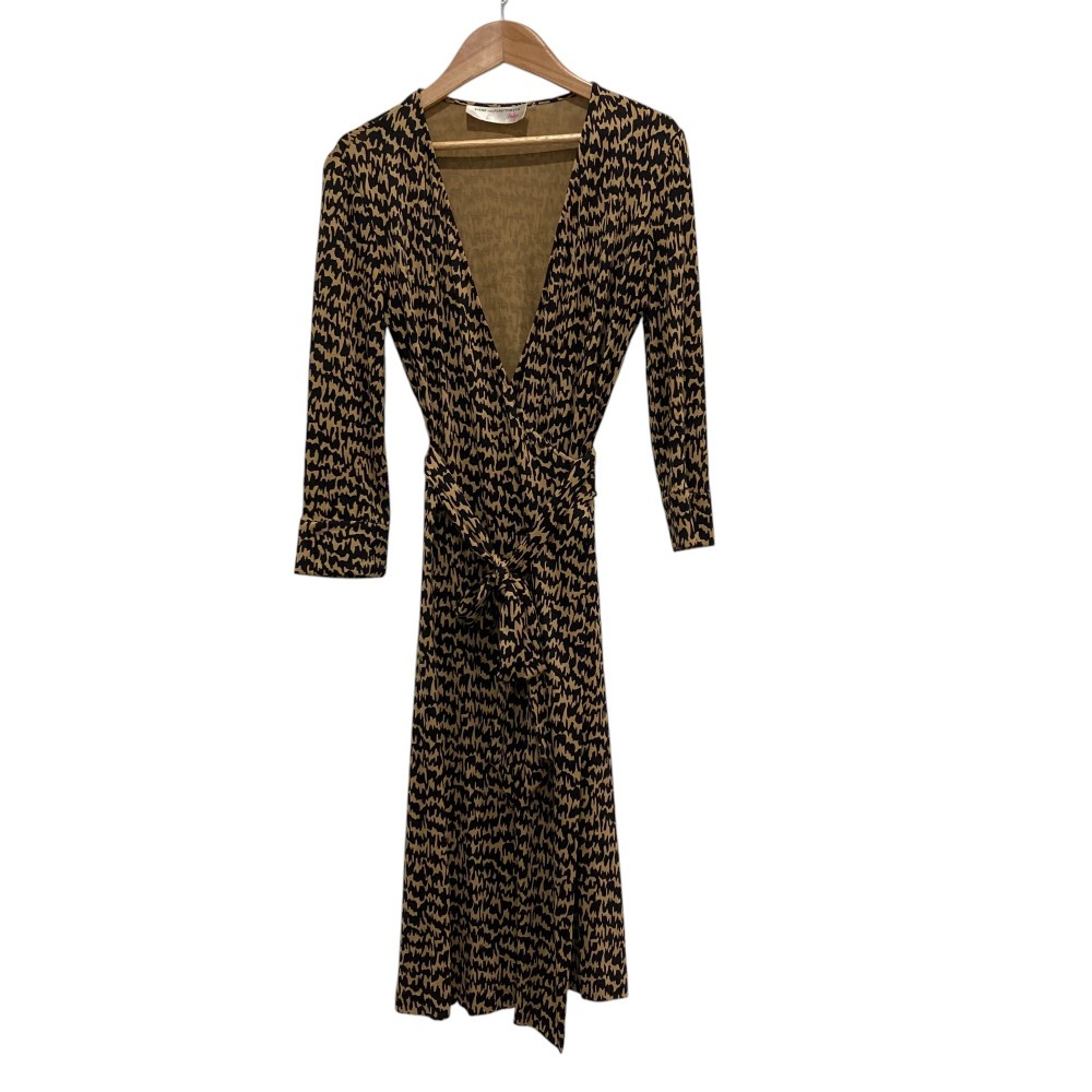 美品 DIANE von FURSTENBERG ダイアンフォンファステンバーグ シルク 七分袖 ラップワンピース サイズ2 ベージュ×ブラック拍卖