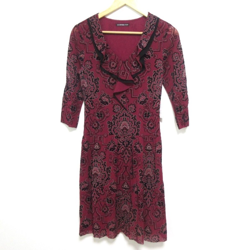 未使用 VIVIENNE TAM ヴィヴィアンタム パワーネット生地 フラワー刺繍 Vネック 長袖 フリル ミモレ丈ワンピース 1 バーガンディー拍卖