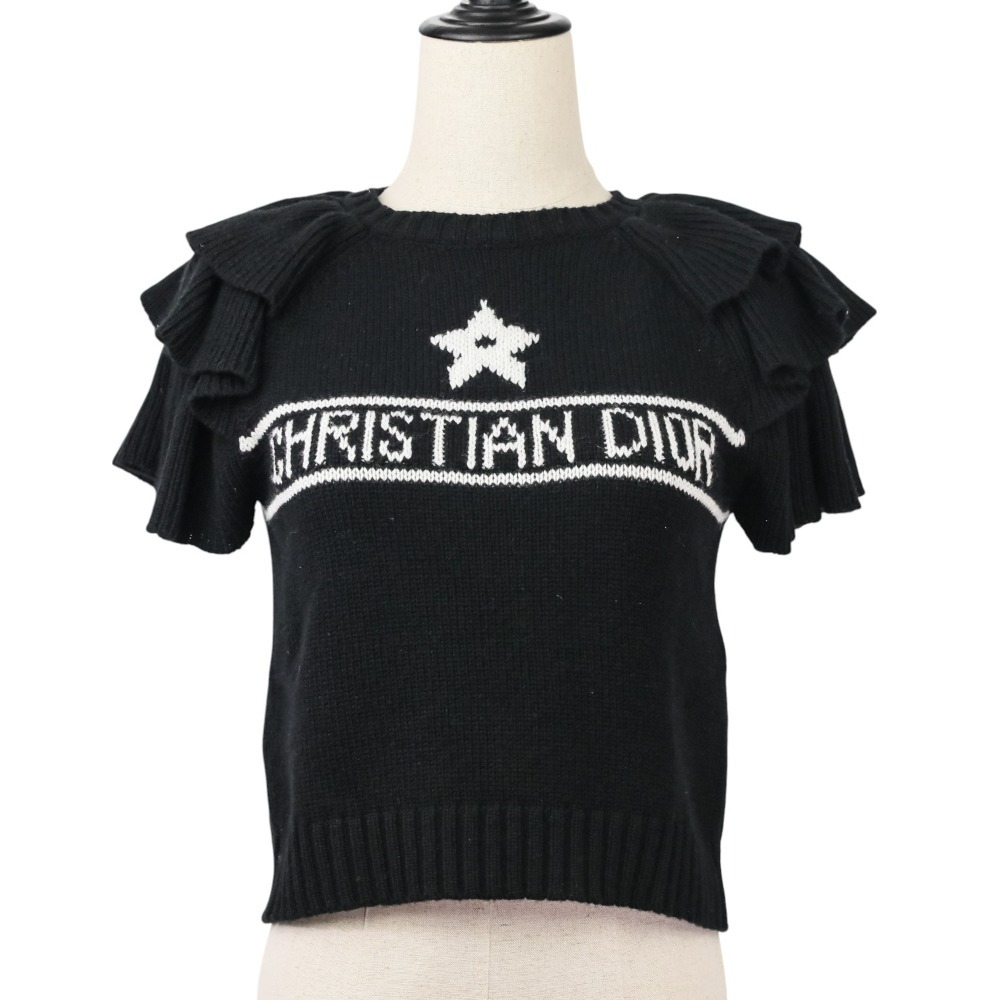 美品 23AW Christian Dior クリスチャンディオール カシミヤ100% フリル クロップドニット セーター 324S13AM003 サイズ36 ブラック拍卖