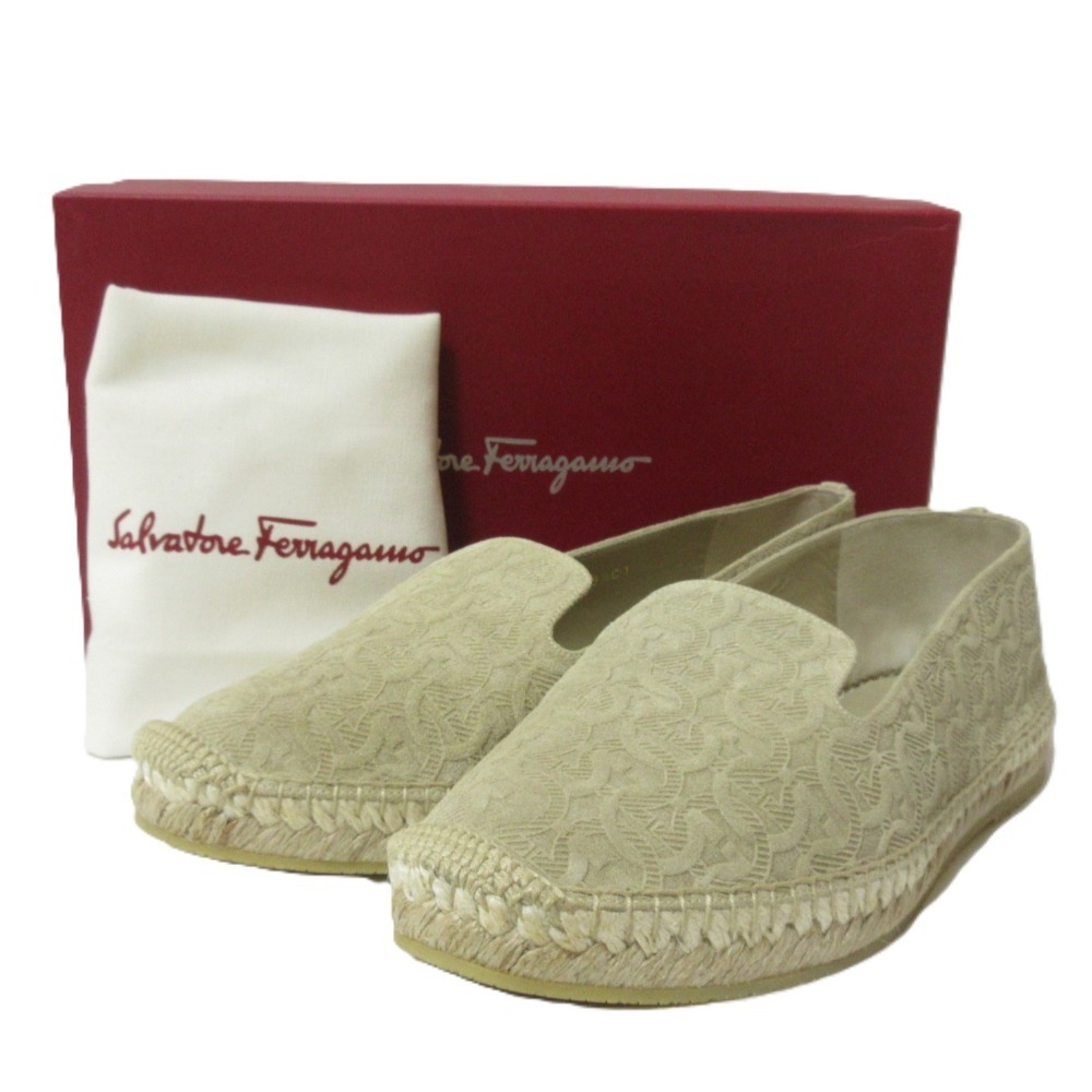 新品同様 サルヴァトーレフェラガモ SUE CG エスパドリーユ ロゴエンボス スエード フラットシューズ スリッポン 9 1/2C 約26cm ベージュ拍卖