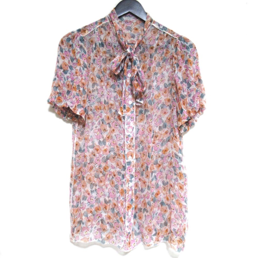 美品 DOLCE&GABBANA ドルチェ&ガッバーナ フラワープリント ショートスリーブ シアー 楊柳 ボウタイブラウス 40 マルチカラー拍卖