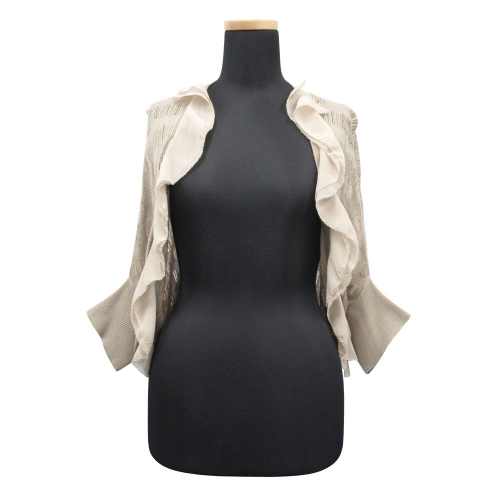 美品 Viaggio Blu ビアッジョブルー シフォン 切替 透かし編み ドルマン ニット ボレロ カーディガン サイズ2 ベージュ拍卖