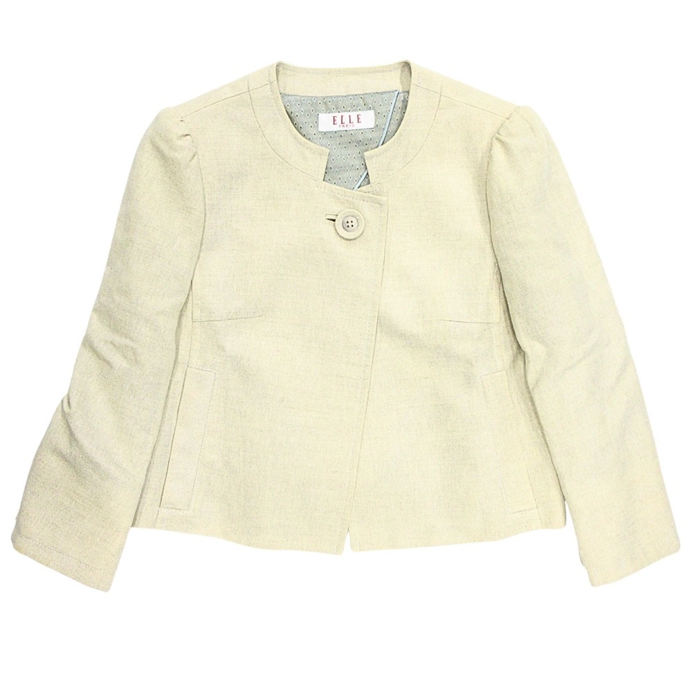 良品 ELLE エル 麻 リネン ノーカラー ジャケット ブレザー 長袖 JLDES-11290 サイズ40 ベージュ拍卖
