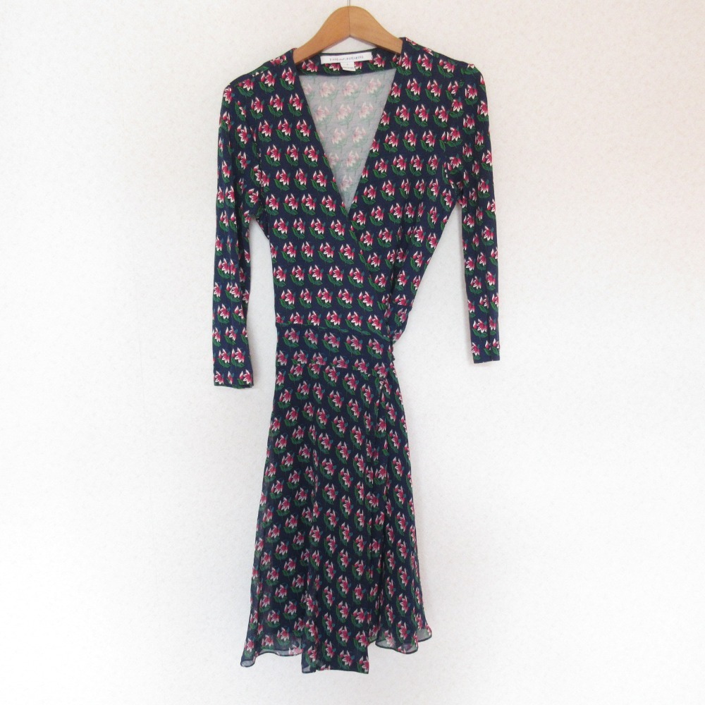 美品 DIANE VON FURSTENBERG ダイアンフォンファステンバーグ フラワープリント 長袖 ラップワンピース 2 ネイビー拍卖