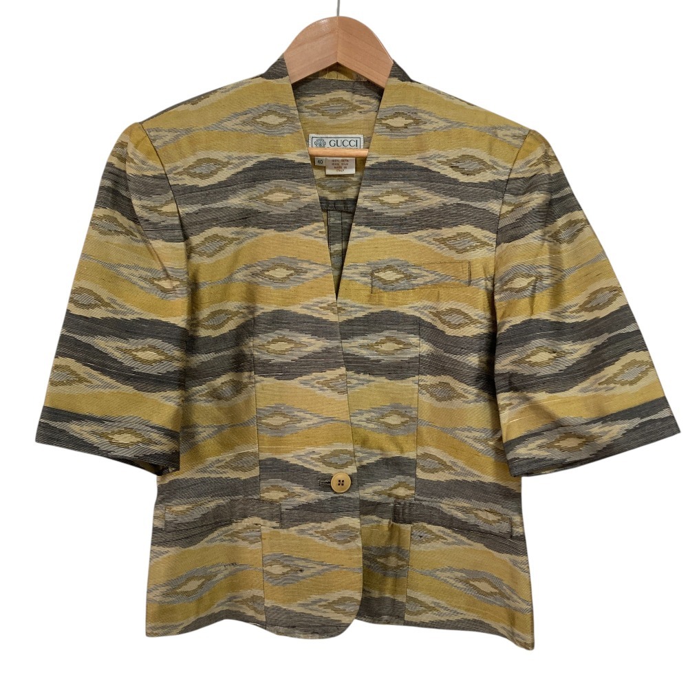 美品 GUCCI グッチ ヴィンテージ シルク ジャガード ハーフスリーブ ノーカラージャケット サイズ40 イエロー グレー拍卖