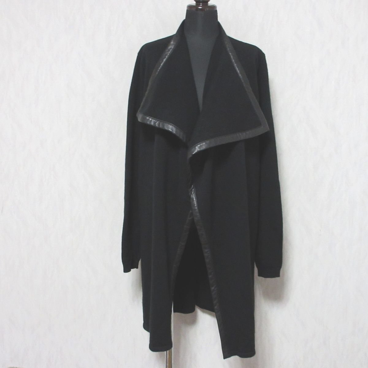 美品 RALPH LAUREN ラルフローレン ブラックレーベル レザーパイピング オープンフロント ニットコート ジャケット M ブラック拍卖