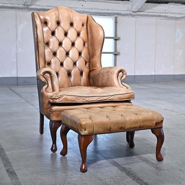 英国アンティークスタイル ウィングバックチェア オットマンセット シングルソファ 一人掛け 本革 ビンテージテイスト 猫足 ハイバック拍卖