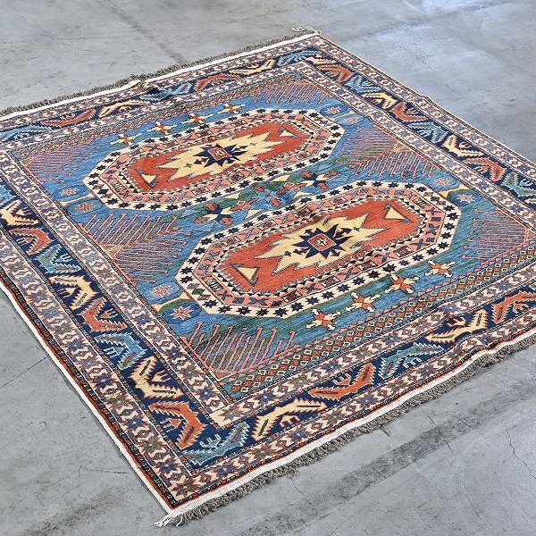 新品 未使用 パキスタン製 手織り ウールラグ 絨毯 メダリオン柄 ハンドノット 羊毛 カーペット インテリア リビング 応接室 寝室 P-89拍卖