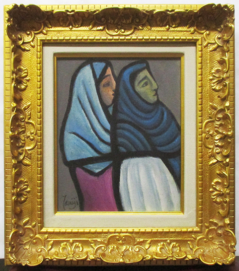 北川民次『二人の女』油彩、キャンバス F3号 サイン、裏書有 額、箱、黄袋付き 1968年制作 日本洋画商協同組合鑑定登録証書付き拍卖