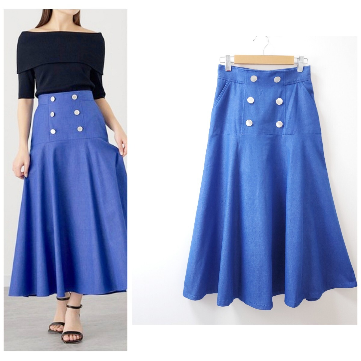 美品☆23SS☆ANAYI アナイ シルクデニム フレアスカート ブルー 完売色 拍卖