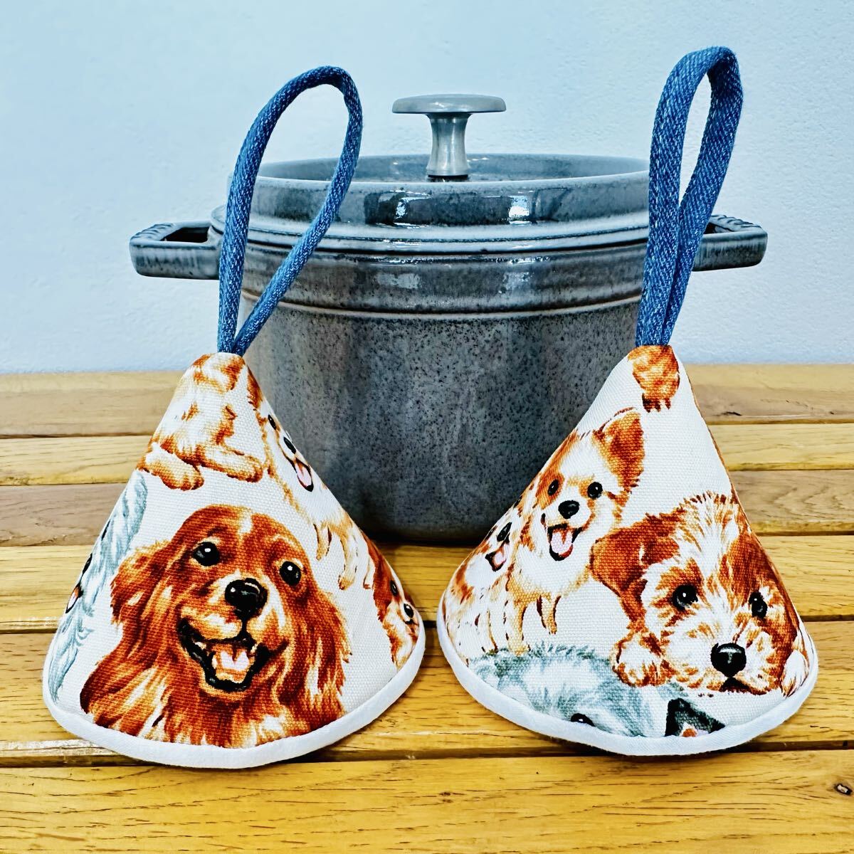 三角鍋つかみ★staubストウブ ホーロー鍋★ミトン★鍋つかみ★デニムリメイク拍卖