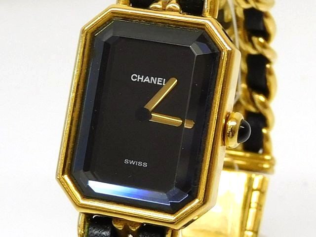 シャネル 時計 ■ プルミエール Lサイズ ステンレス ゴールドカラー ブラック 文字盤 レディース クォーツ 腕時計 CHANEL □7E7H拍卖