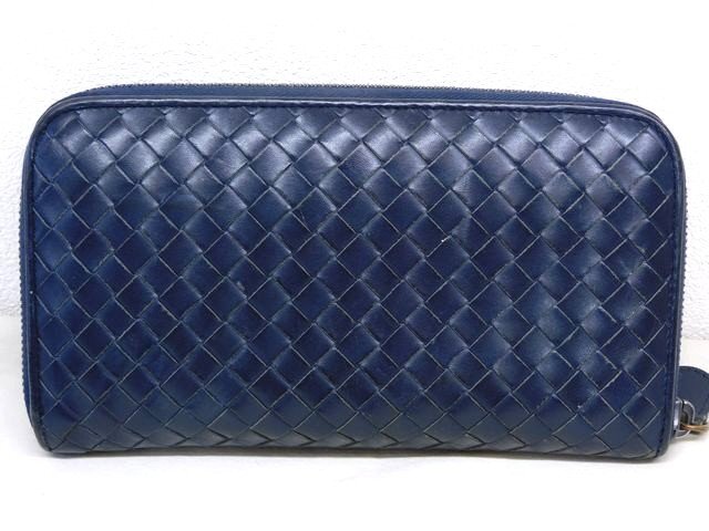 ボッテガヴェネタ イントレチャート 長財布 ■ レザー ネイビー系 メンズ ラウンドファスナー ウォレット BOTTEGA VENETA □ 7H拍卖