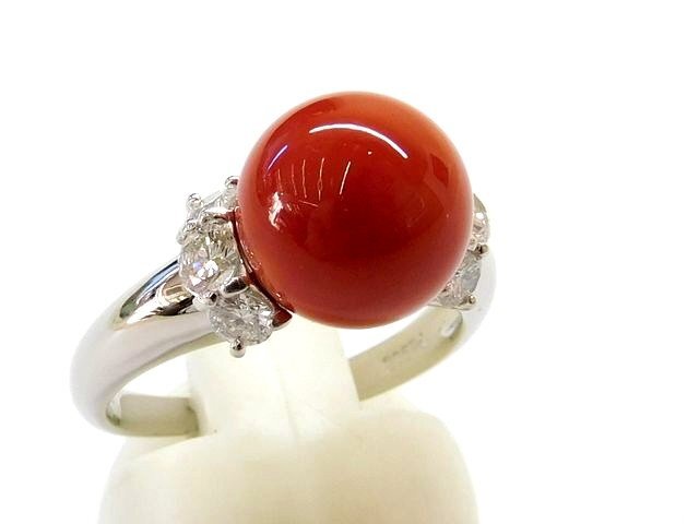 新品同様 Pt900 サンゴ10.7mm ダイヤ0.70ct ■ 8.2g 16号 リング 指輪 レディース プラチナ コーラル 珊瑚 □6D6E7HS ム1000拍卖