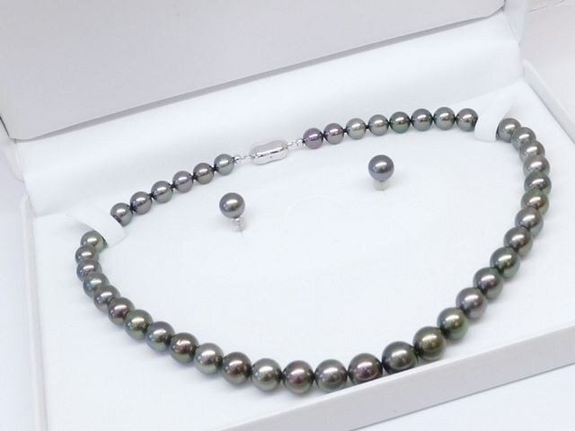 3F オーロラ ピーコック 黒蝶パール 真珠 約8.0~10.8mm ■ ネックレス ピアス 9.1mm シルバー金具 レディース □6K7HS拍卖