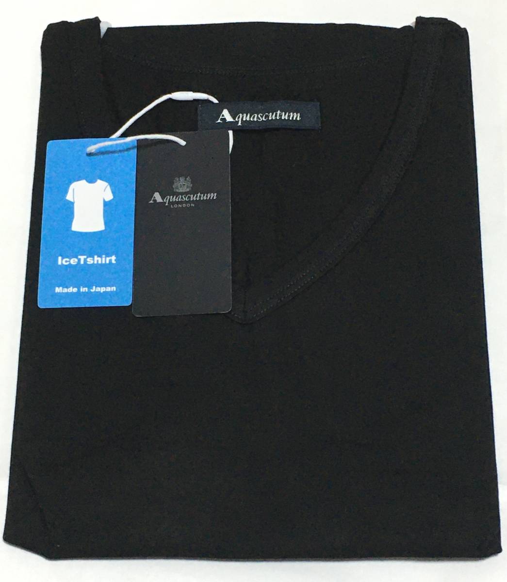 Aquascutum 冷んやりTシャツ V首 日本製 綿100 L ブラック アクアスキュータム 定価3.740円拍卖