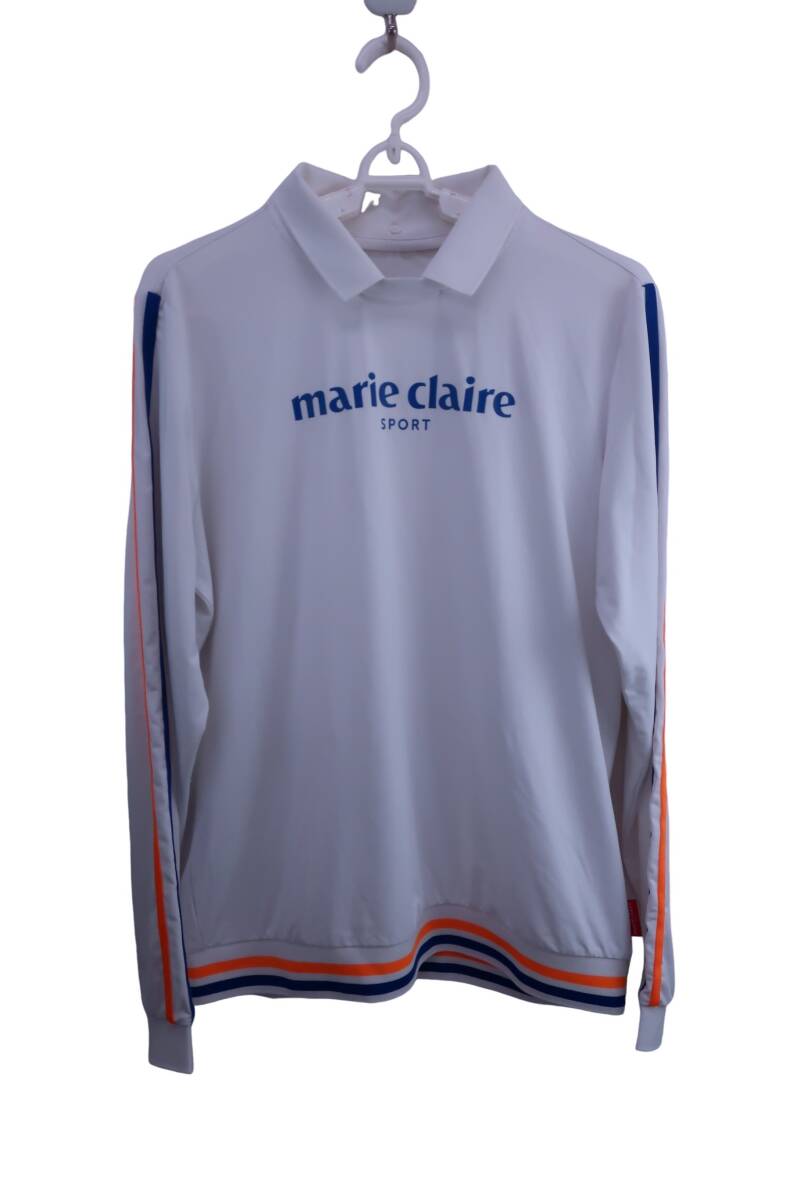 【美品】marie claire sport(マリ・クレール・スポーツ) 長袖ポロシャツ 白青 レディース LL ゴルフウェア 2508-0016 中古拍卖