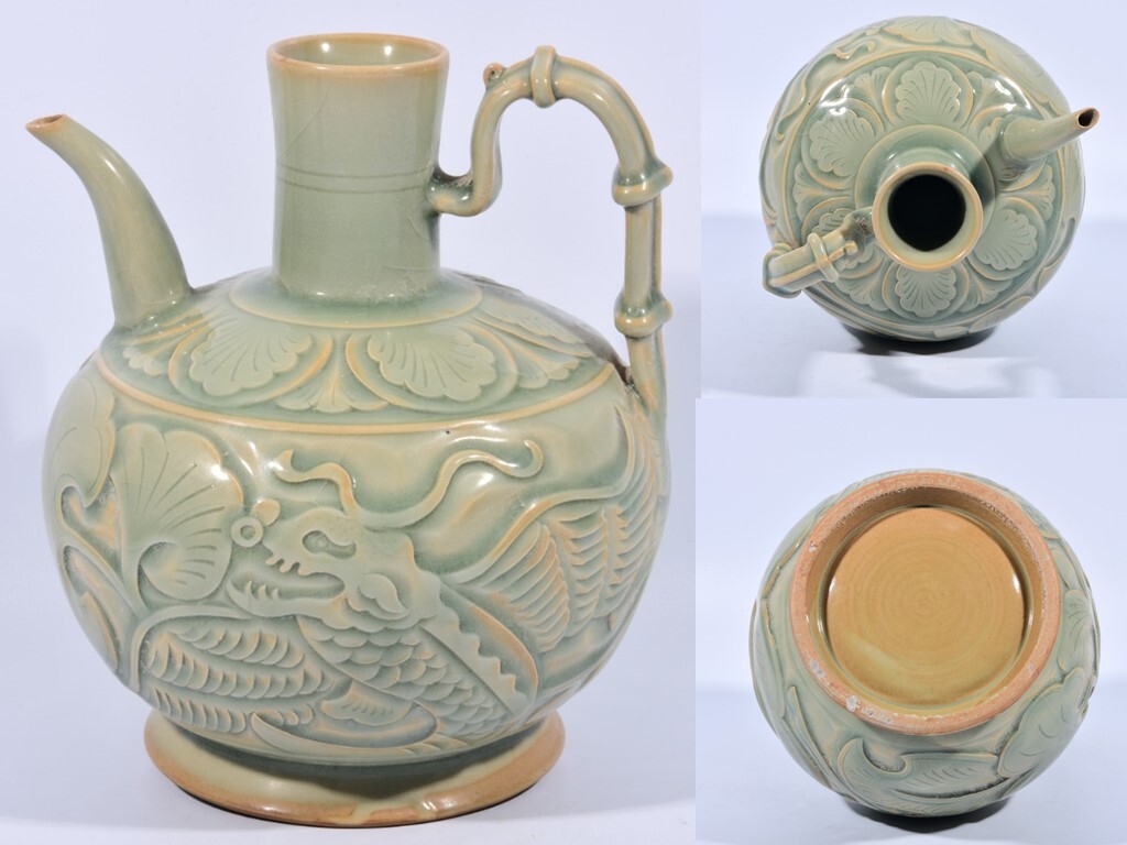 TC130■朝鮮高麗 青磁 刻龍紋執壺 時代物 古玩 唐物 古陶磁器■拍卖