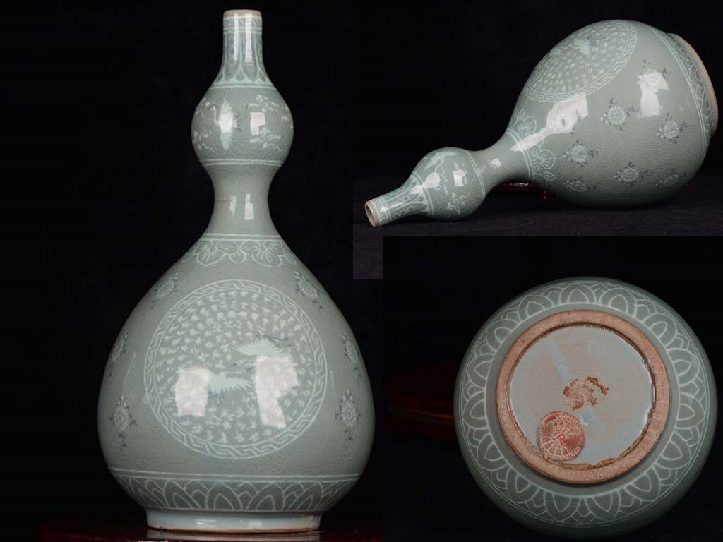 ■TC13■高麗青磁 刻花 団鶴紋 瓢箪瓶 回流品火漆印 時代物 古玩 唐物 古陶磁器■拍卖