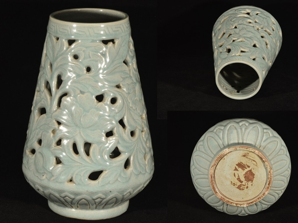 ■TC134■高麗青磁 透かし彫り 花文 尊瓶 時代物 古玩 唐物 古陶磁器■拍卖
