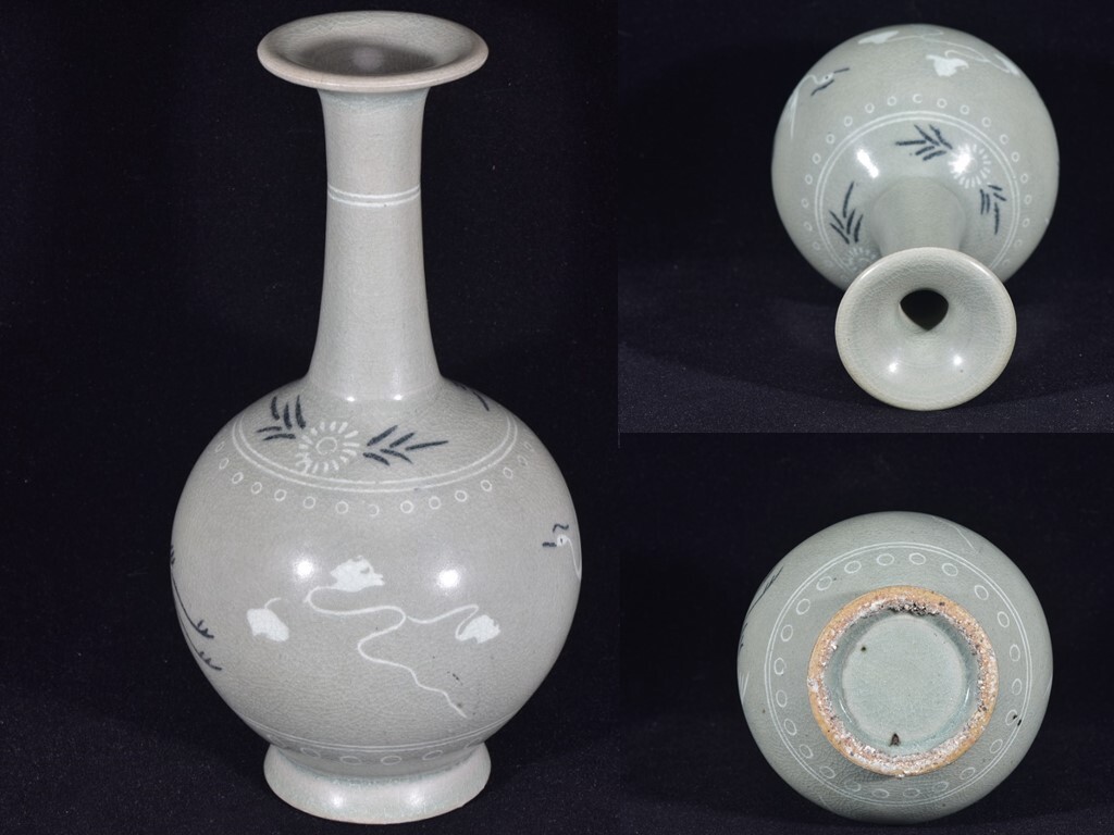 ■TC153■高麗青磁 雲鶴紋象嵌る 浄水瓶 時代物 古玩 唐物 古陶磁器■拍卖