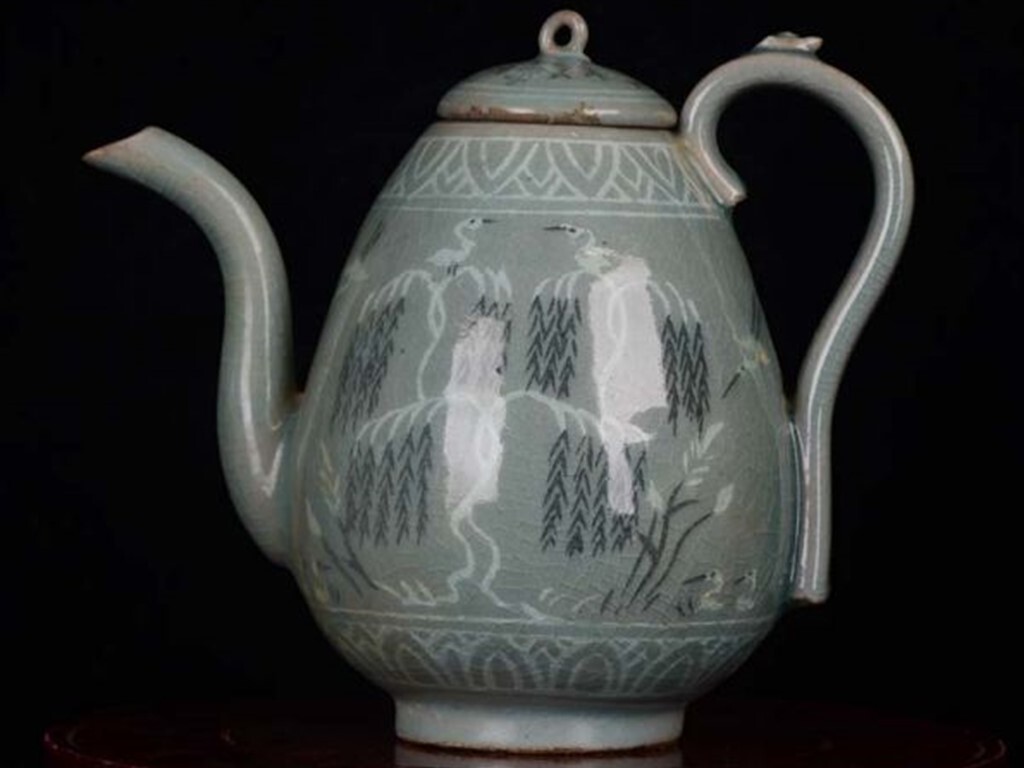 ■TC136■高麗青磁 青磁細柳水鳥紋象嵌る 執壺 ・孤品・時代物 古玩 唐物 古陶磁器■拍卖