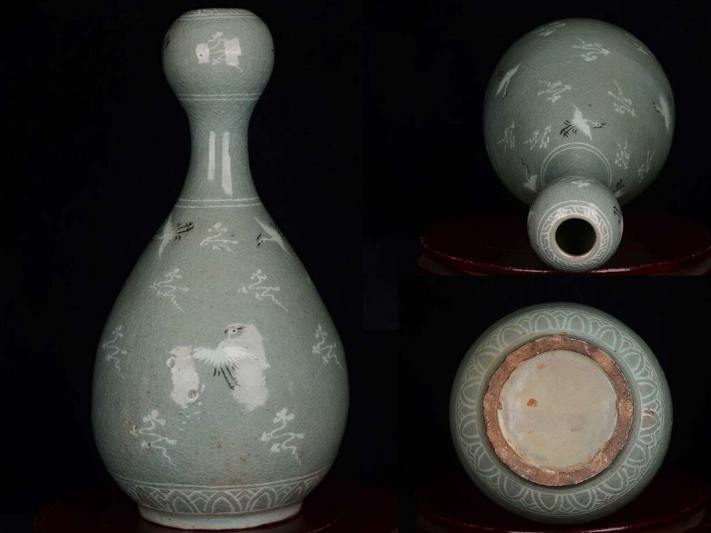 ■TC139■高麗青磁 嵌雲鶴紋 蒜頭瓶・孤品・時代物 古玩 唐物 古陶磁器■拍卖