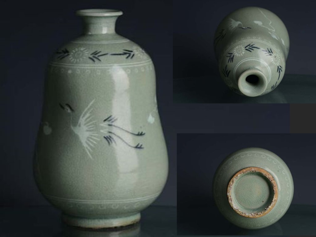 ■TC145■高麗青磁 象嵌雲鶴紋 瓢箪瓶・蓋物 時代物 古玩 唐物 古陶磁器■拍卖