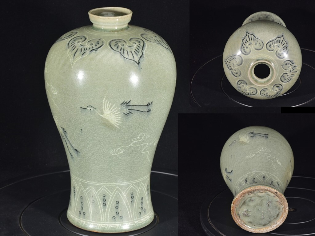 ■TC151■高麗 青磁 象嵌雲鶴紋 梅瓶 時代物 古玩 唐物 古陶磁器■拍卖