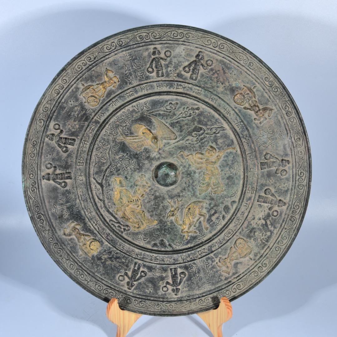 ■TX154■秦漢時代 青銅流金銘文鹿鶴同春人物故事文鏡 絶品 時代物 古玩 唐物 古陶磁器■拍卖